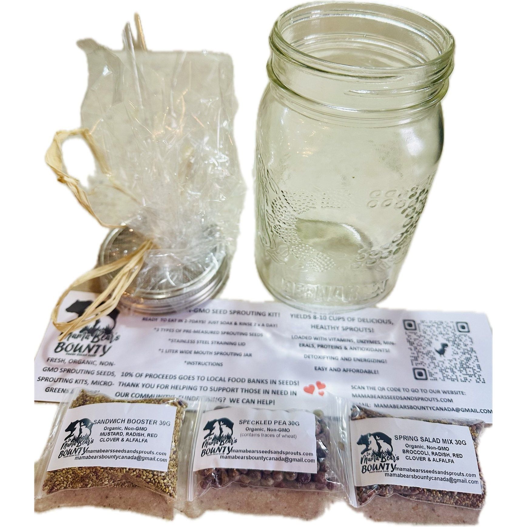 Seed Sprouting Kit with Mason Jar, Straining Lid & 3 X 30 G of Starter Seed Packs - Mama Bear's Bounty-Seeds and Sprouts